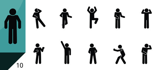 Set of person pose icons, stickman stick figure, human silhouette pictogram, isolated vector people.