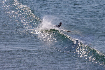 Fototapeta premium Surfer riding a sparkling wave in bright sunlight