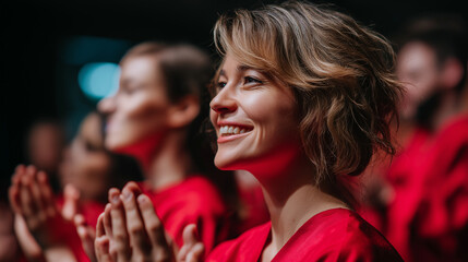 Fototapeta premium Gospel choir clapping and swaying with energy, bright robes, joy, worship, movement, praise, celebration, with copy space