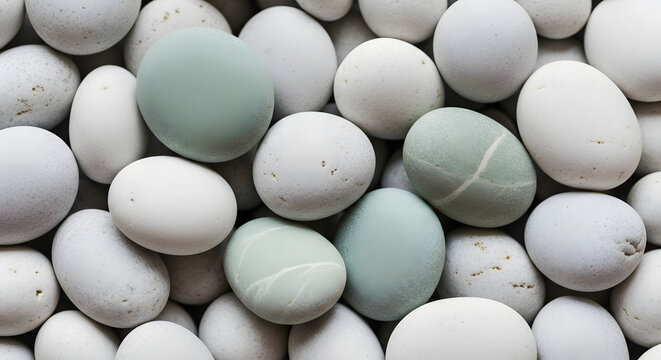 A close up overhead view of smooth rounded pebbles with a mix of white and subtle green hues creating a calming natural texture
