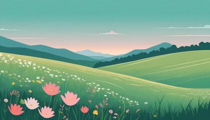 Fototapeta premium Beautiful rolling green hills with wildflowers and distant mountains