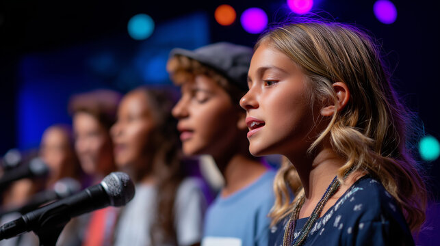 Youth choir with microphones performing upbeat praise song, modern church, youth ministry, joy, worship, band, with copy space