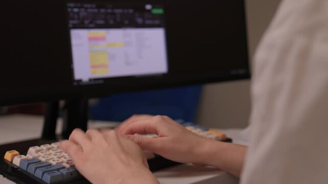 Hands input data swiftly, Closeup of fingers editing spreadsheet details, Person rapidly typing on vibrant keyboard while managing data on colorful digital display