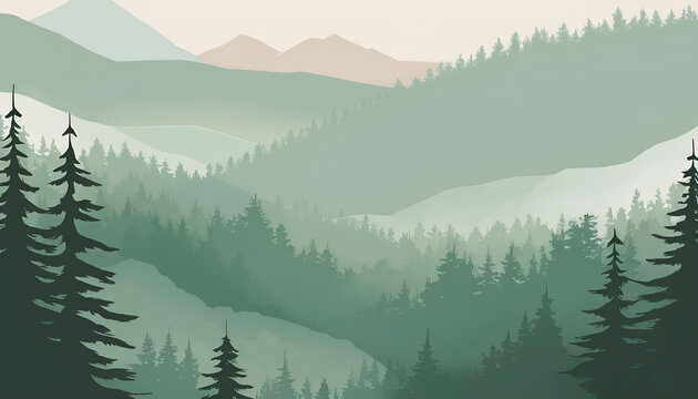Layered foggy forest landscape illustration with dense pine trees and mountains