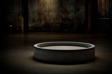Concrete podium in empty industrial space with low ambient lighting and textured walls creating a stark visual contrast