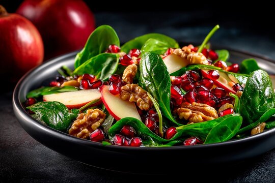 Fresh spinach leaves are topped with crunchy apples, rich walnuts, and vibrant pomegranate seeds in a decorative bowl. The scene is enhanced by dark surroundings and ripe apples