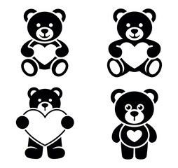Obraz premium Four black silhouettes of teddy bears holding hearts in various poses.