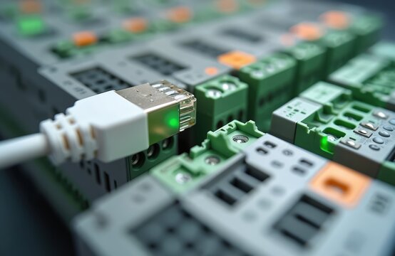 Ethernet cable plugs into industrial programmable logic controller system. Green LED light on connector shows active data network communication. Automation tech controls complex manufacturing