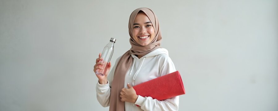 Happy young Arabian woman in hijab smiles at camera. Holds reusable water bottle, rolled-up red yoga mat, dressed in comfortable activewear. Ready for fitness workout session, female promotes healthy