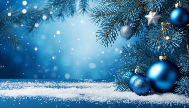 Winter holiday background with blue christmas ornaments nestled on evergreen fir branches, soft falling snow glowing bokeh lights, festive scene with copy space marketplace product card background
