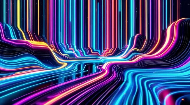 A series of floating digital lines that continuously change color and form, synced to high energy synth beats  