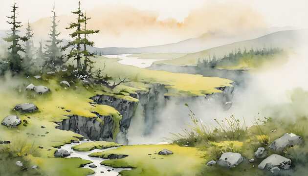 Watercolor landscape of a misty waterfall cliffside with green meadow