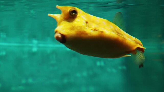 Yellow longhorn cowfish swimming peacefully in a large public aquarium, showcasing its unique horns and body shape against the vibrant turquoise water with beautiful light reflections
