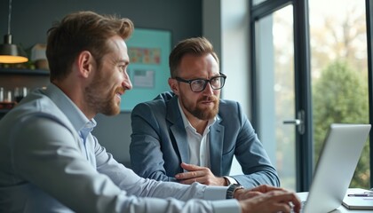 Two male businessmen collaborate on laptop in modern office. Discuss work projects, financial plans, company strategy. Colleagues focus, share ideas, analyze data, working together on important tasks