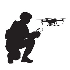 Soldier operating drone isolated on white background in a military setting