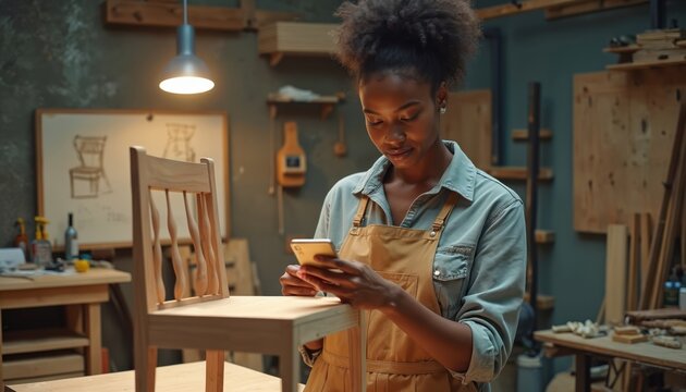 Black female carpenter designs wooden chair. She takes smartphone photo of furniture project. Sending image for online feedback to colleague in workshop. - Powered by Adobe