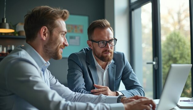 Two male businessmen collaborate on laptop in modern office. Discuss work projects, financial plans, company strategy. Colleagues focus, share ideas, analyze data, working together on important tasks