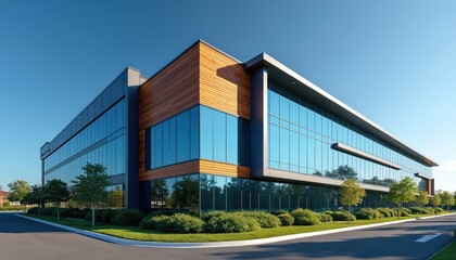 Fototapeta premium Modern office building with glass facade and wooden panels. Exterior features clean lines and contemporary architecture. Rich green landscaping surrounds the corporate structure.
