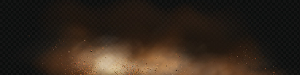 Fototapeta premium Brown dune explosion with yellow flying sand, dirt clusters, and textured wind effect.