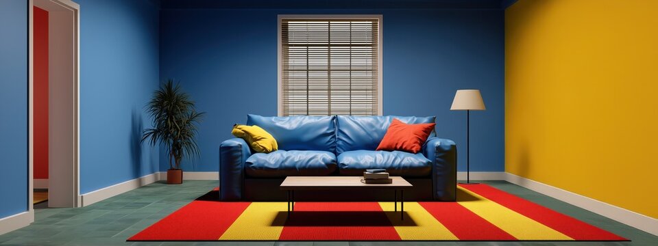 Un salon chaleureux aux murs bleu et jaune avec un canap&eacute; en cuir avec coussins, un tapis color&eacute; &agrave; rayures au sol, une plante verte en pot, un lampadaire et une fen&ecirc;tre avec stores, vue panoramique.