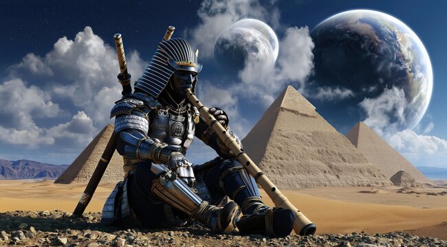 Un samoura&iuml; fantastique portant un casque de pharaon &eacute;gyptien et jouant de la fl&ucirc;te de bambou japonaise, assis devant des pyramides, plan&egrave;tes et lune en arri&egrave;re-plan, ciel bleu nuit nuageux.