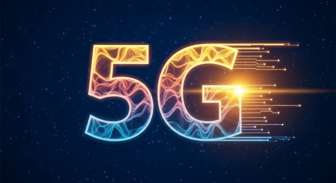 5G Technology: Illuminating the future, a vibrant 5G logo bursts with innovation. Streamlined data streams symbolize the next era of connectivity.