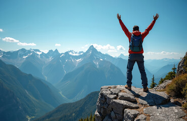 Obraz premium Man stands on cliff edge arms raised, celebrating mountain summit victory. Vast landscape, blue sky, rugged peaks, green valley below. Hiker enjoys freedom, achievement after long trek.