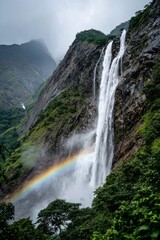 Close-up of tropical waterfall, rainbow glows in mist, vibrant spray and lush green in wild harmony.