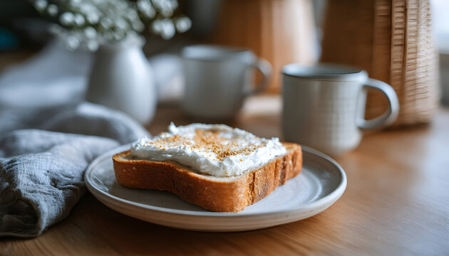 Slice of toasted bread with creamy spread and sprinkle on white plate, two cups in background, cozy morning vibe