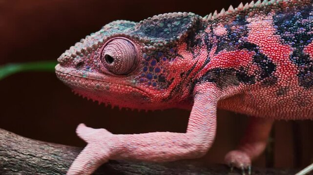 Extreme close-up of a vibrant red panther chameleon on a branch, catching and eating its prey with its long, sticky tongue. A beautiful reptile showing its hunting behavior in a natural habitat