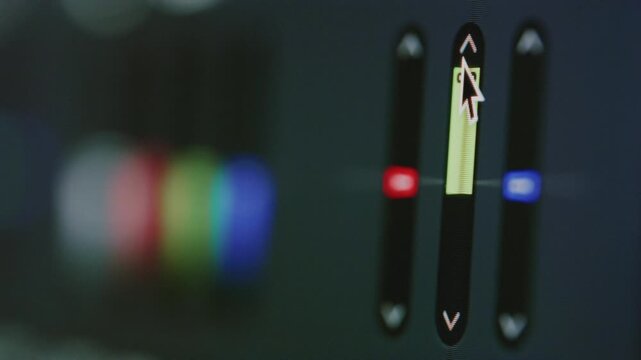 Screen monitor laptop is a program for color correction of video and media. Color grading and editing tools in computer software. Dashboard interface. Hue bar. Adjustment tools used in post-production