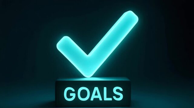 A glowing teal checkmark symbolizes achievement, highlighting goals and success in a professional environment, motivating individuals to excel.