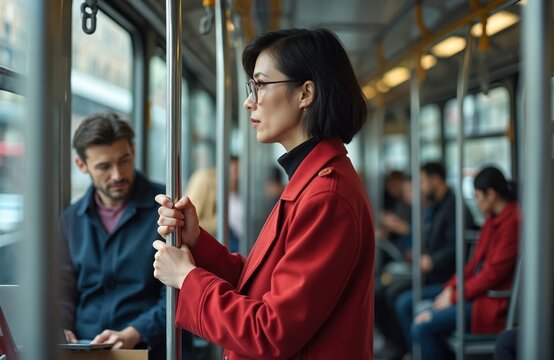 Adult woman in red coat, glasses stands inside modern city bus. Holds onto handrail, looking thoughtfully out window. Diverse passengers commute in urban transit. Daily travel scene on busy street.