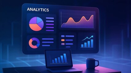 A modern workspace featuring analytics on a large screen and a laptop, showcasing data visualization and business intelligence trends. - Powered by Adobe