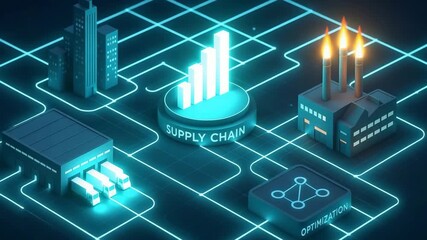 Futuristic concept of supply chain management illustrated with neon graphics, showcasing factories and connections in a digital network. - Powered by Adobe