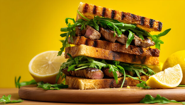 Grilled steak sandwich with arugula and toasted bread stacked on yellow background, fresh and appetizing lunch concept