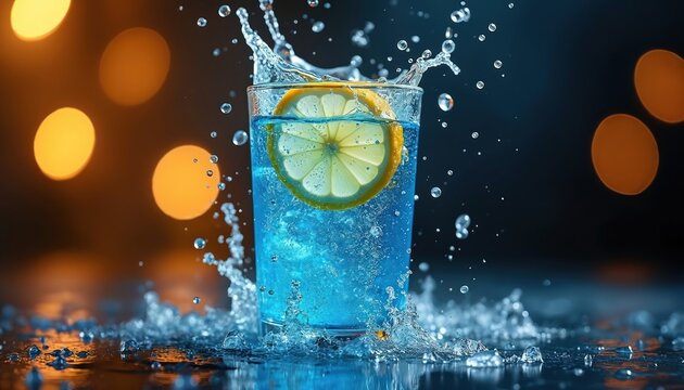 Blue beverage with lemon slice creates splash in glass. Refreshing drink contains ice cubes and bubbles. Vibrant liquid reflects light, perfect for summer refreshment.