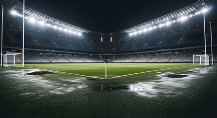 Empty Stadium After the Match with Lights On
