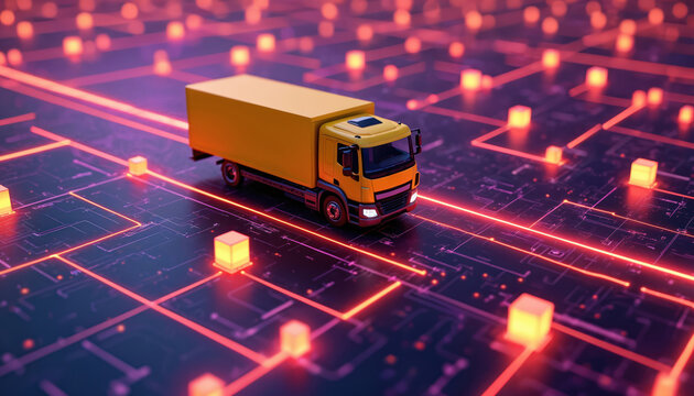 Yellow truck drives on network. Online delivery service. Parcels automatically delivered by trucks. E-commerce tech logistics in modern connected world. Futuristic distribution system. Transport