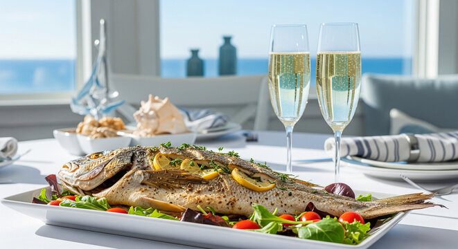 Gourmet grilled fish with champagne, a luxury dining experience. Perfect for seafood restaurant promotions, summer menus, Mediterranean recipes, and upscale events.
