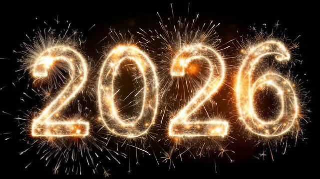 Glittering new year 2026 celebration with sparkling fireworks and dynamic countdown animation isolated on black background