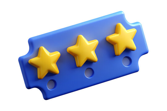 3D Blue Reward Ticket with Three Yellow Stars and Holes for Customizable Rewards.eps