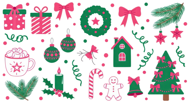 Christmas Vector Elements Set Gifts, Ornaments, Wreath, Bows, Holiday Decorations - Powered by Adobe