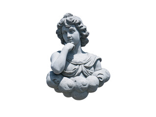 Obraz premium Pensive angel statue with curly hair, resting on clouds, classical stone sculpture, isolated on transparency background, evokes calm and serenity, ideal for garden or memorial decor
