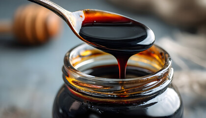 A spoonful of thick, dark syrup (molasses) being scooped from a jar