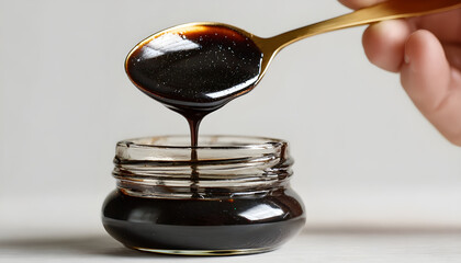 A spoonful of thick, dark syrup (molasses) being scooped from a jar