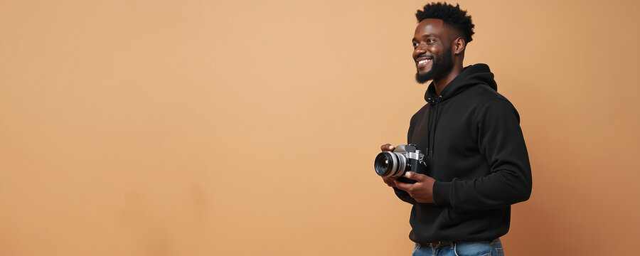 Stylish young african man holds vintage film camera. He wears black hoodie and smiles, looking to side with copy space for text. He is ready for photo shooting.