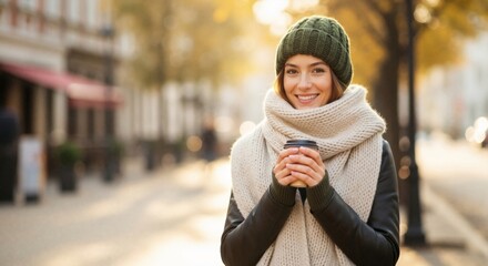 Smiling woman in warm clothes holding coffee on an autumn city street. Young person enjoying a hot beverage outdoors with copy space