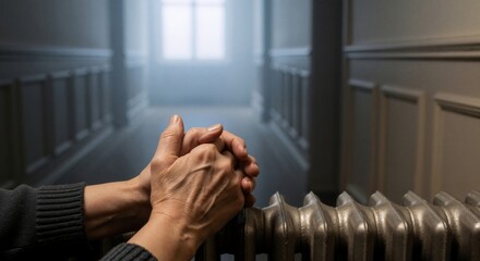 An elderly person's hands warming on an old radiator in a cold home. Winter energy crisis, fuel poverty, and cost of living concept