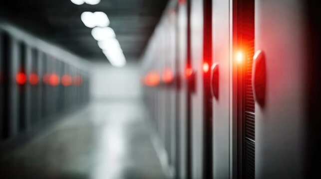 Modern Data Center Corridor with Red Indicators and Advanced Server Technology